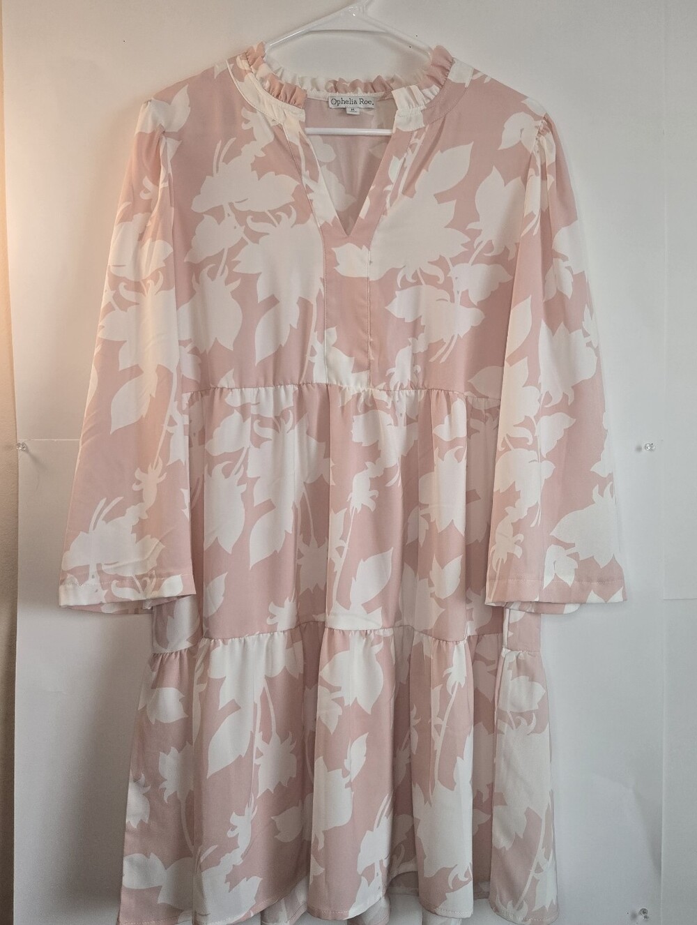 Ophelia Roe M Women's short tiered baby doll inspired dress soft pink and white